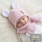 Zyzio&Zuzia  puha szőrmés ,téli babasapka fülekkel és babasállal-rózsaszín