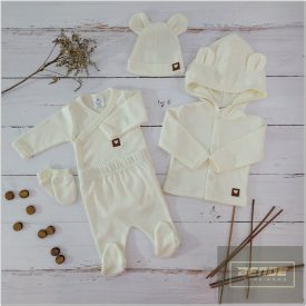   Zyzio&Zuzia 5 részes babakelengye szett:body+nadrág+sapka+kesztyű+kabát -ecrü