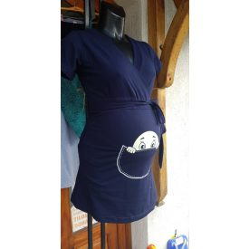   Mommy Style kukucskálós kismama felső,rövid  ujjú/sötétkék,kötős