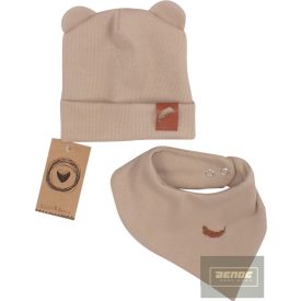   Zyzio&Zuzia -dupla, bordás pamut sapka,fülecskés+kendő szett -fahéj