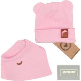   Zyzio&Zuzia -dupla, bordás pamut sapka,fülecskés+kendő szett -rózsaszín