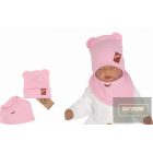 Zyzio&Zuzia -dupla, bordás pamut sapka,fülecskés+kendő szett -rózsaszín