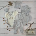 Zyzio&Zuzia 5 részes babakelengye szett:body+nadrág+sapka+kesztyű+kabát -szürke
