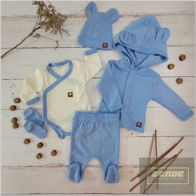   Zyzio&Zuzia 5 részes babakelengye szett:body+nadrág+sapka+kesztyű+kabát -kék
